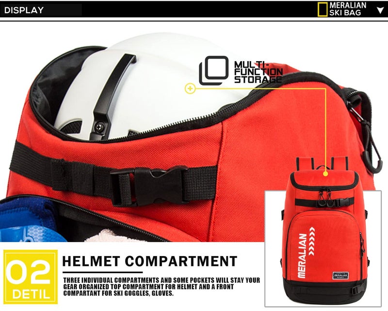 MERALIAN Ski Boot Bag - 50L Ski Boot Travel Backpack Waterproof Snowboard Boot Backpack for Travel Stores Gear Including Helmet, Goggles and Outerwear.(Red-03) - Image 5