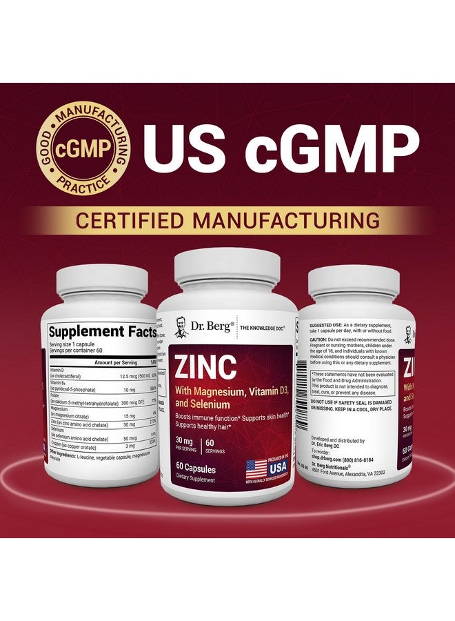 Dr. Berg Zinc 30mg Enhanced with Magnesium, Vitamin D3, Selenium, & Copper - Zinc Supplements for Men & Women - Chelated Zinc for Immune, Skin, Hair, & Nails Support* - 60 Capsules