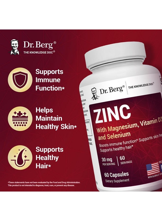Dr. Berg Zinc 30mg Enhanced with Magnesium, Vitamin D3, Selenium, & Copper - Zinc Supplements for Men & Women - Chelated Zinc for Immune, Skin, Hair, & Nails Support* - 60 Capsules