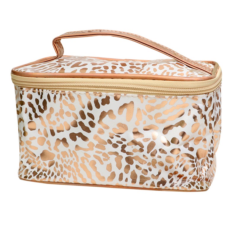 Golden Cosmetic Pouch Leopard Printing Pattern Makeup Storage Bag Zippered Cosmetic Tote Case Large Capacity Handbag for Women Ladies Travel - Image 1