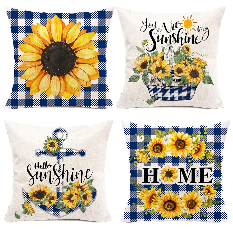 pinata Decorative Sunflower Pillow Covers 18x18 Set of 4 Sunflowers Outdoor Throw Pillows for Couch Yellow Blue Summer Pillow Covers Farmhouse Sunflower Decor for Home Outdoor Sofa Couch