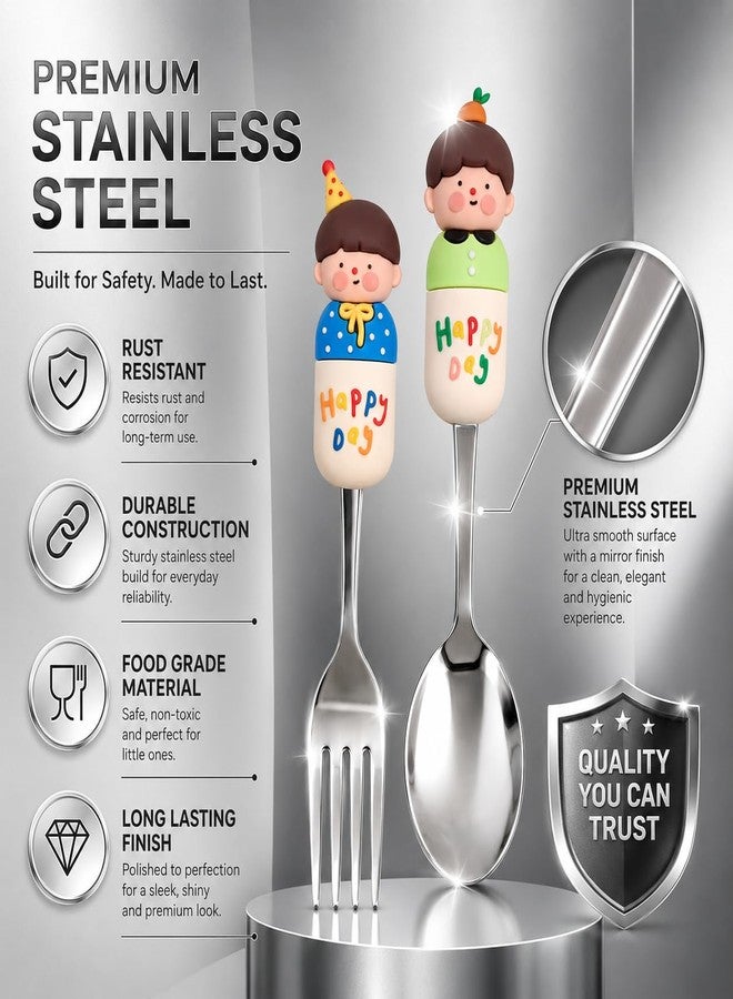 MaruHub Cute Kids Spoon Fork Set, 304 Stainless Steel Toddler Utensils with Silicone Cartoon Handle, BPA Free Baby Feeding Spoon and Fork for Boys Girls (Model 1) - Image 4