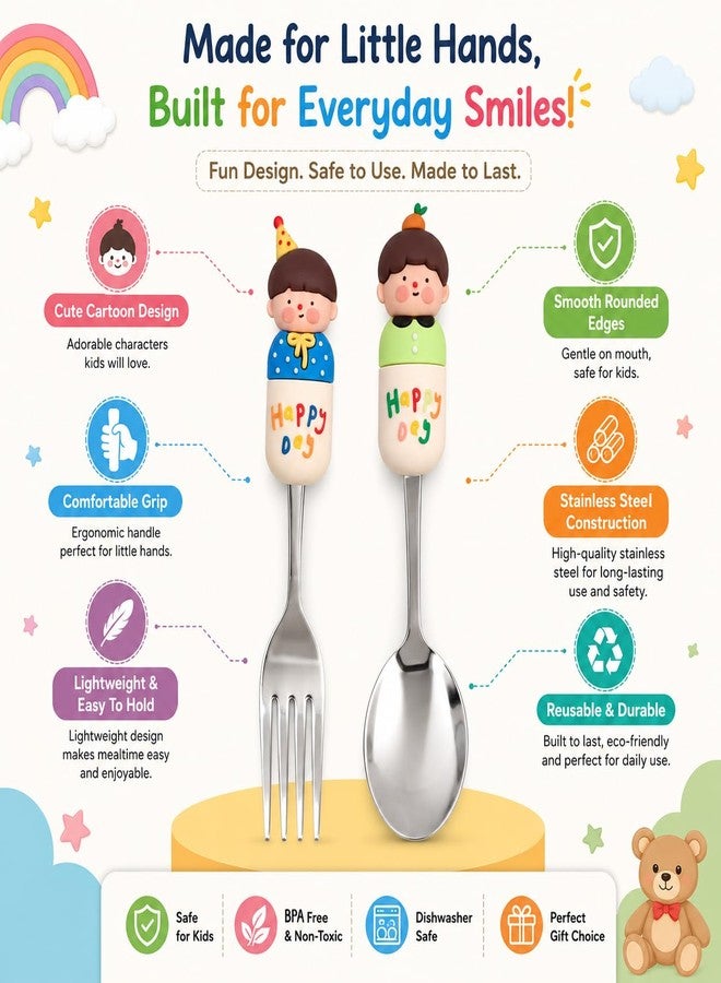 MaruHub Cute Kids Spoon Fork Set, 304 Stainless Steel Toddler Utensils with Silicone Cartoon Handle, BPA Free Baby Feeding Spoon and Fork for Boys Girls (Model 1) - Image 2