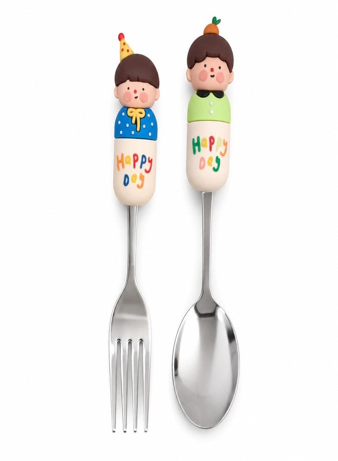 MaruHub Cute Kids Spoon Fork Set, 304 Stainless Steel Toddler Utensils with Silicone Cartoon Handle, BPA Free Baby Feeding Spoon and Fork for Boys Girls (Model 1) - Image 1