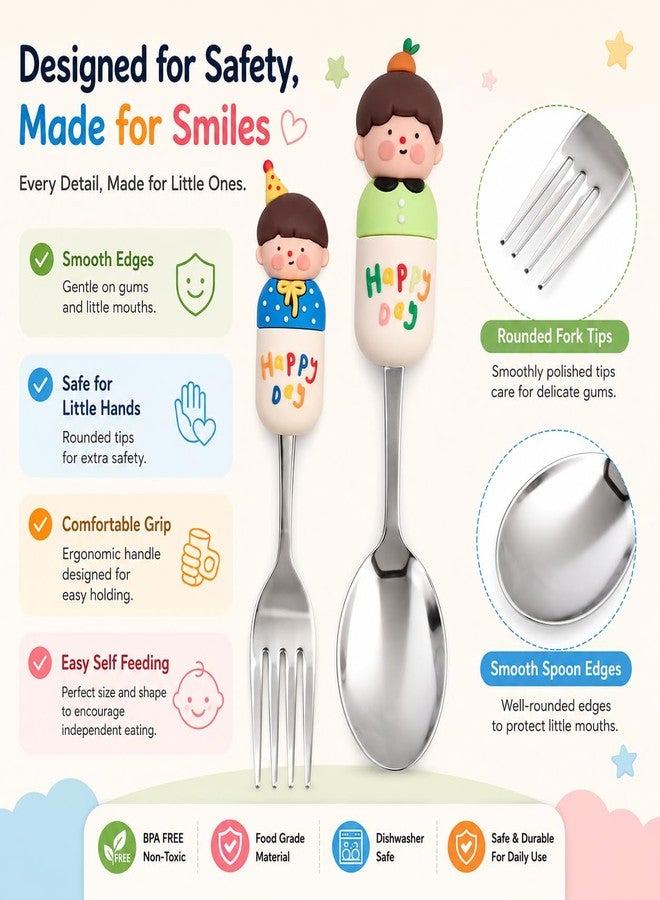 MaruHub Cute Kids Spoon Fork Set, 304 Stainless Steel Toddler Utensils with Silicone Cartoon Handle, BPA Free Baby Feeding Spoon and Fork for Boys Girls (Model 1) - Image 3
