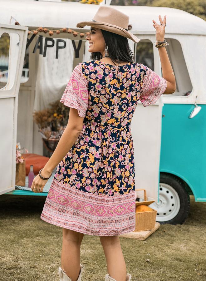 Take Two Floral Print V Neck A-Line Knee Length Dress - Image 3