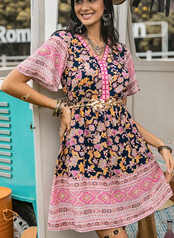 Take Two Floral Print V Neck A-Line Knee Length Dress - Image 4