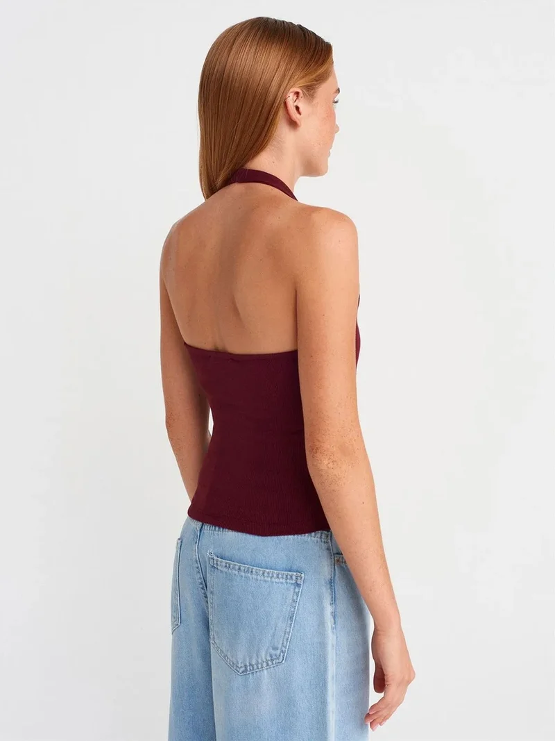 Dilvin DILVIN Crop Halterneck Ribbed Blouse With Stone Detail