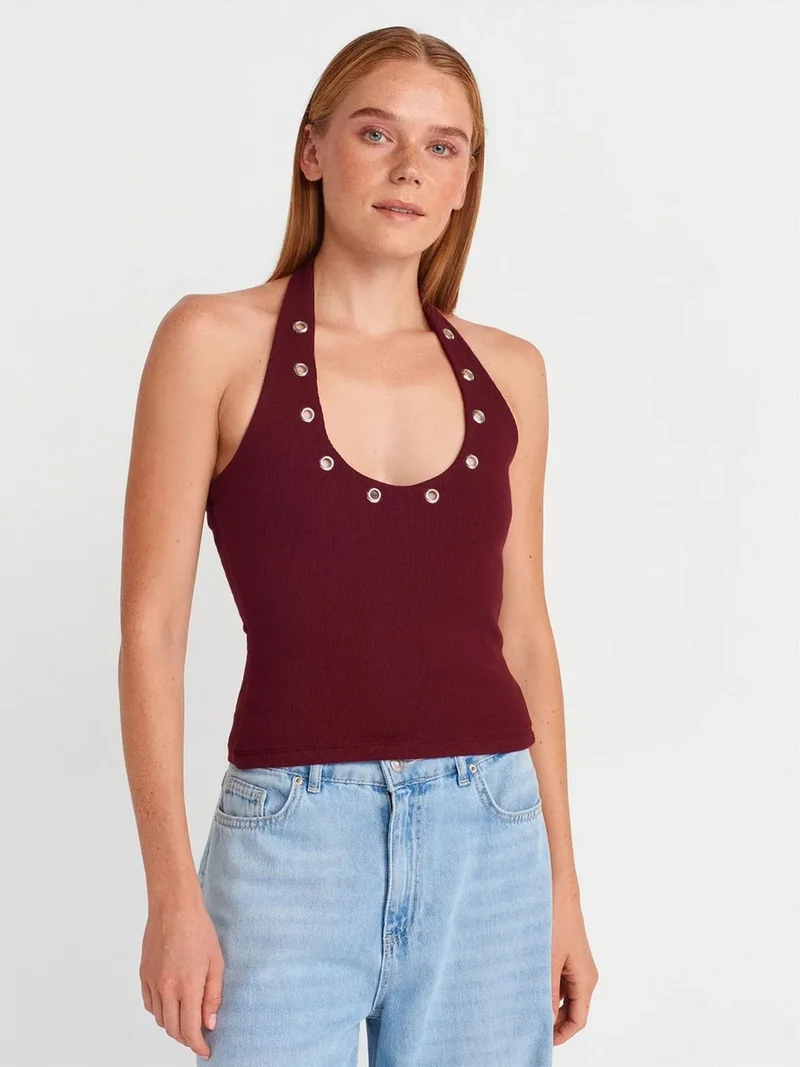 Dilvin DILVIN Crop Halterneck Ribbed Blouse With Stone Detail