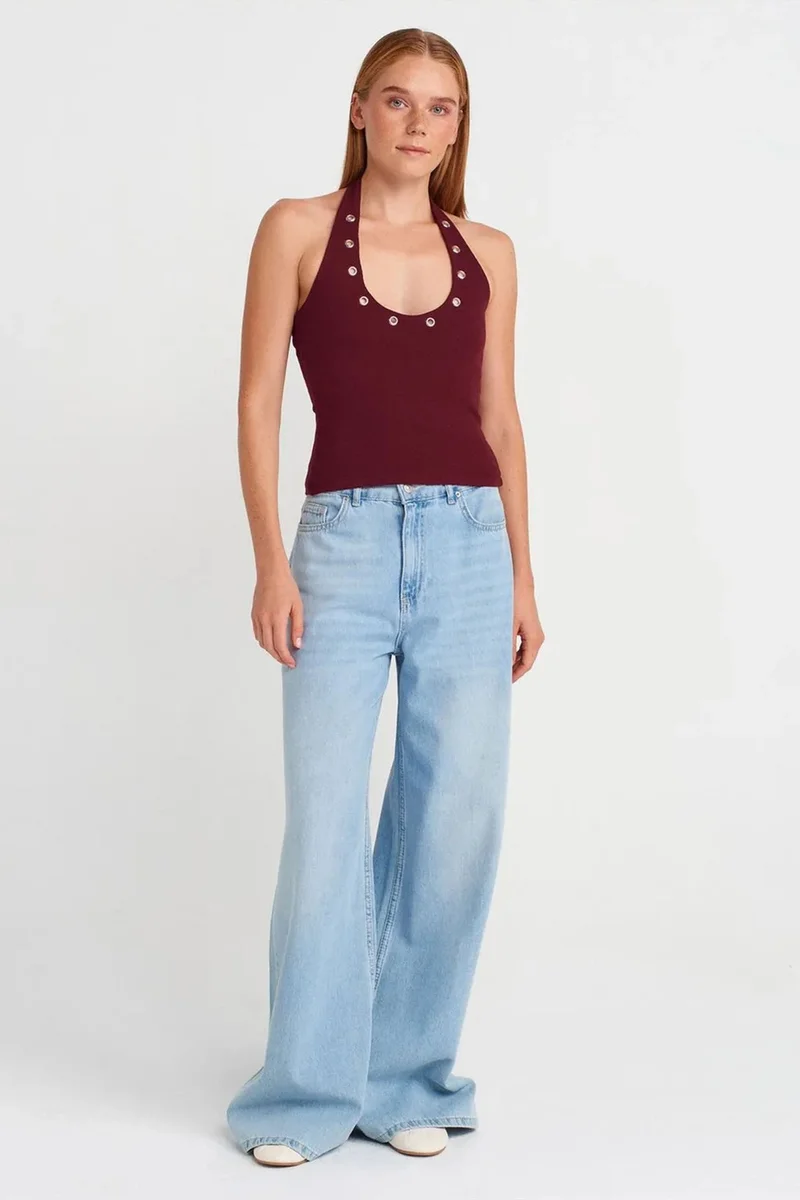 Dilvin Burgundy Red DILVIN Crop Halterneck Ribbed Blouse With Stone Detail for Women | Best Price UAE