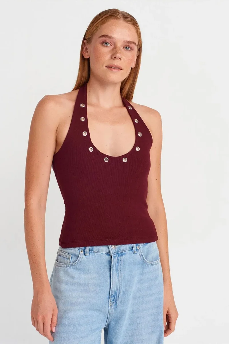 DILVIN Crop Halterneck Ribbed Blouse With Stone Detail