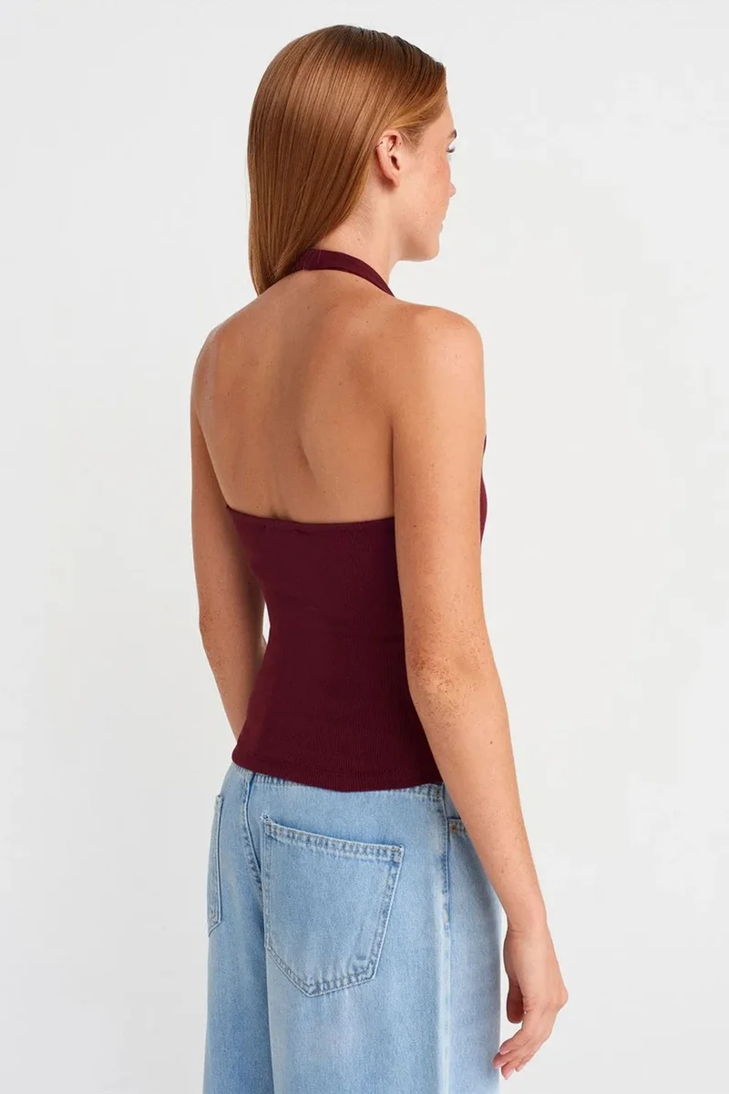 Dilvin Burgundy Red DILVIN Crop Halterneck Ribbed Blouse With Stone Detail for Women | Best Price UAE