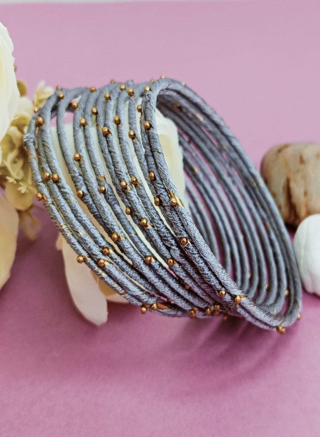 Efulgenz Fashion Jewelry Indian Bollywood Gold Plated Beaded Grey Silk Thread Wedding Bridal Bracelet Bangle Set (12 Pcs) - Image 2