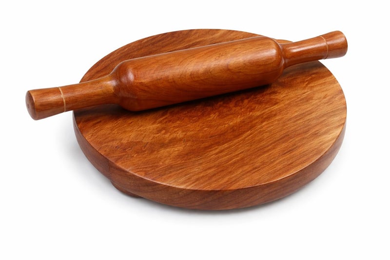 CRAFTCASTLE Wooden Floral Design Rolling Board, Teak Wood Chakla, Polpat, Chapati Maker, 10 Inches with Rolling Pin - Image 1