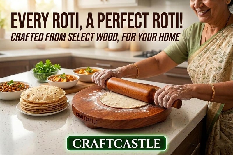 CRAFTCASTLE Wooden Floral Design Rolling Board, Teak Wood Chakla, Polpat, Chapati Maker, 10 Inches with Rolling Pin - Image 5