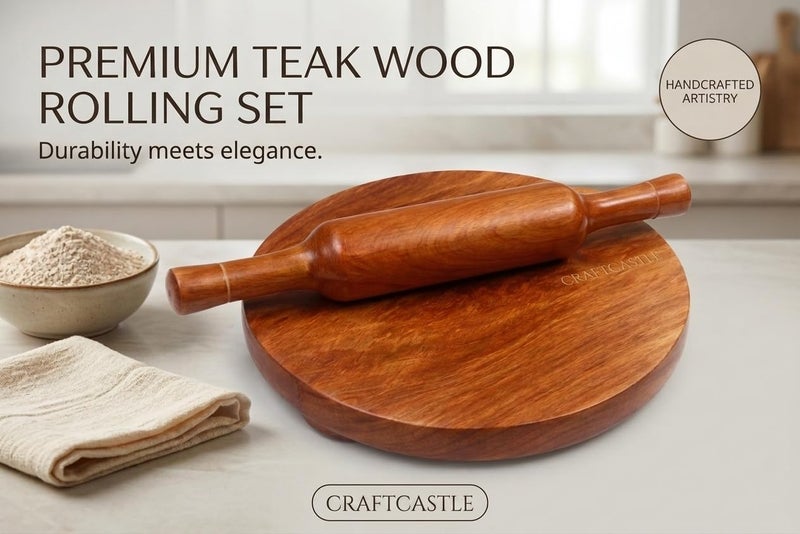 CRAFTCASTLE Wooden Floral Design Rolling Board, Teak Wood Chakla, Polpat, Chapati Maker, 10 Inches with Rolling Pin - Image 2