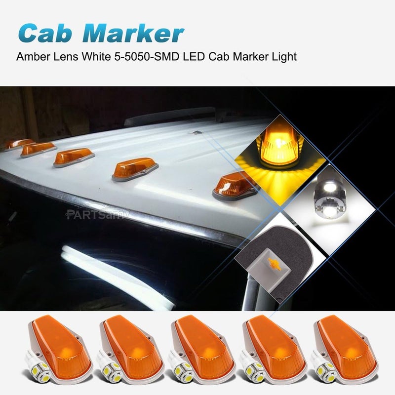 Partsam 5pcs Top Cab Marker Roof Running Light Amber Cover Lens 15442 + 5X 5050 T10 194 LED Bulbs Compatible with Ford F-150 F-250 F-350 1973-1997 F Series Pickup Super Duty Trucks. - Image 2