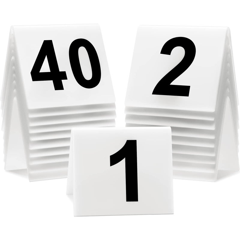 Yulejo 40 Pieces Acrylic Tent Table Numbers 1-40 Double Side Numbered Table Tents Restaurant Wedding Table Number White Table Tent Numbers Cards Signs for Party Banquets Service Evidence Markers Supplies - Image 1