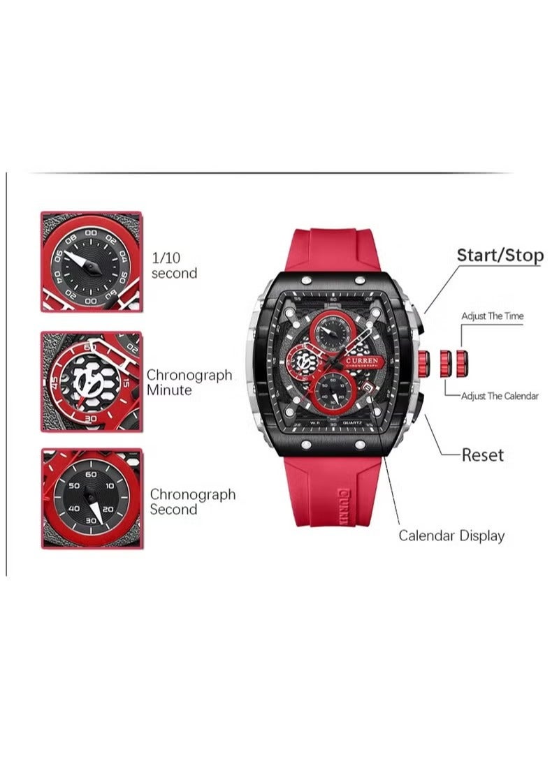 CURREN Men's Chronograph Luminous Sport Watch with Red Silicon - Image 4