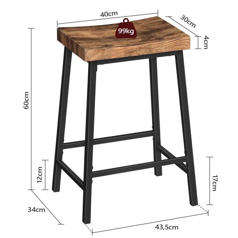 MAHANCRIS Bar Stools,Counter Height Bar Stools Set of 2, 23.7 Inch Saddle Stools with Footrest, Kitchen Stools, Industrial Style, for Dining Room, Counter, Bar, Rustic Brown and Black BAHR0801N1 - Image 4