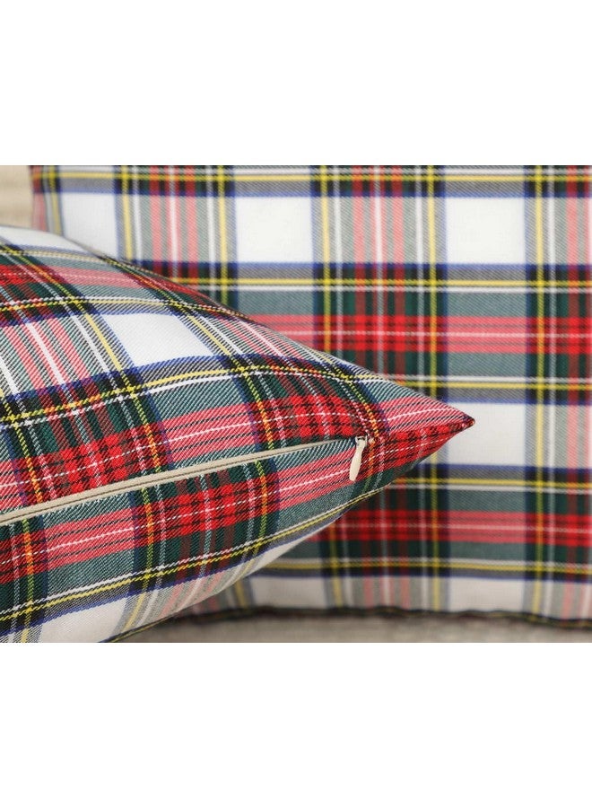 4TH Emotion Set of 2 Christmas Scottish Tartan Plaid Throw Pillow Covers Cushion Case Polyester for Farmhouse Home Decor Red and White, 18 x 18 Inches - Image 3