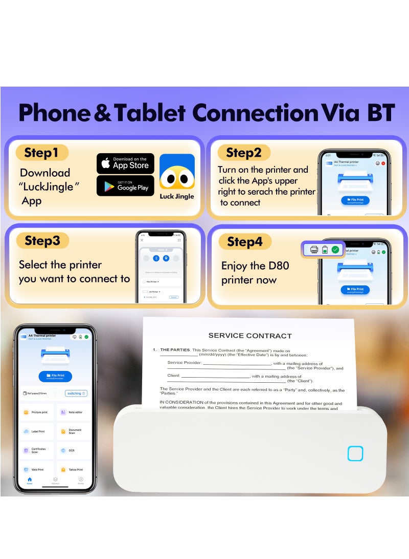 FlashHawk Compact Portable A4 Bluetooth Thermal Printer - No Ink Needed, Wireless Home and Office Printing, 10mm/s Speed, Fold/Roll Paper Support - Image 3