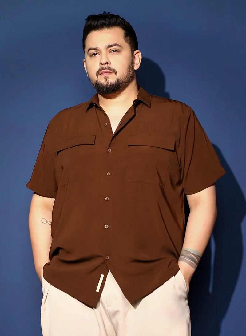 Instafab Plus Instafab Plus Men's Chocolate Brown Relaxed Utility Shirt For Casual Wear | Spread Collar | Short Regular Sleeves | Button Closure | Plus Size Shirt Crafted With Comfort Fit For Everyday Wear