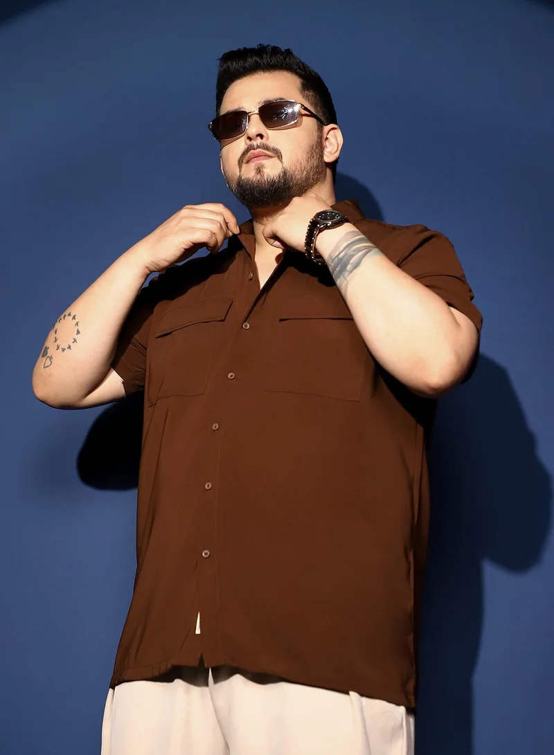 Instafab Plus Instafab Plus Men's Chocolate Brown Relaxed Utility Shirt For Casual Wear | Spread Collar | Short Regular Sleeves | Button Closure | Plus Size Shirt Crafted With Comfort Fit For Everyday Wear