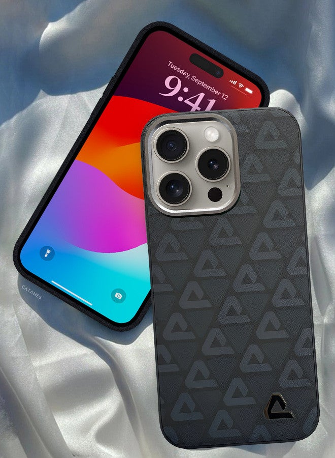 CATANES (for iPhone 15 Pro Max) Case Leather Back Cover Triangle Pattern Shockproof Protective Phone Case Black - Image 1