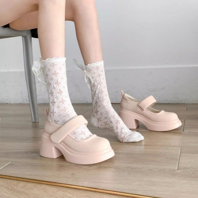 Solid Color Buckle Niche Design Shoes French Round Toe Thick Heeled Thick Bottom Magic Sticks Mary Jane Shoes - Image 3