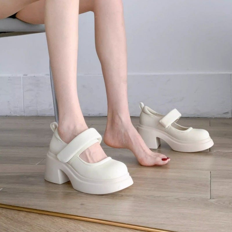 Solid Color Buckle Niche Design Shoes French Round Toe Thick Heeled Thick Bottom Magic Sticks Mary Jane Shoes - Image 4