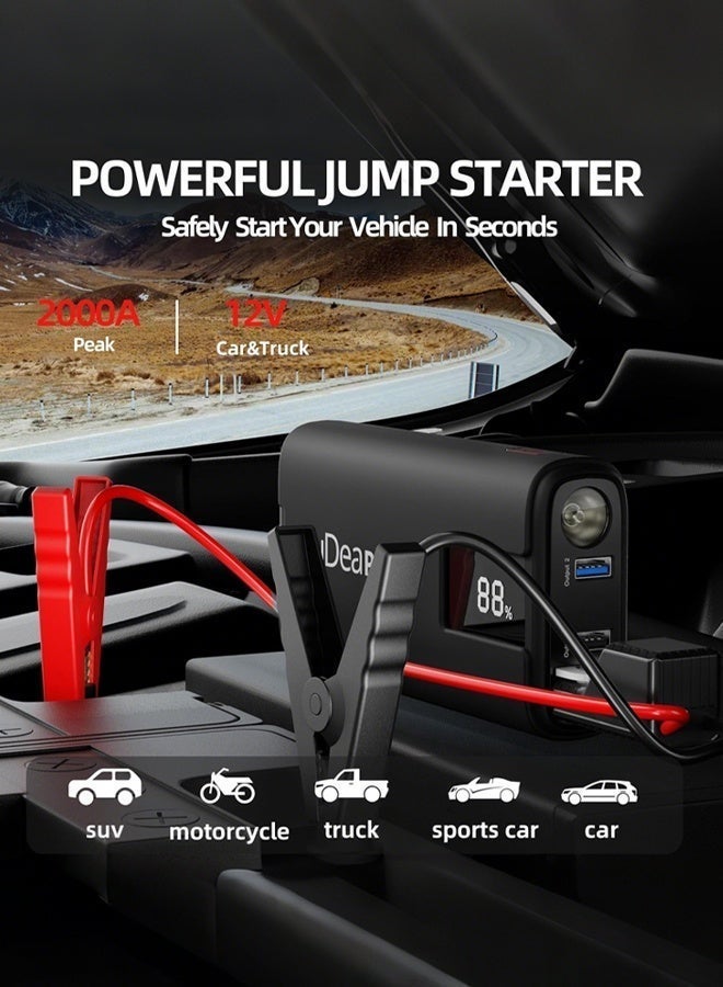 IDEAPLAY J10 Jump Starter, 2000A 12v Car Batery jump Starter Portable for Up to 8.0L Gas and 7.0L Diesel Engine.Jump Box with Jumper Cables, Type C Fast Charging Battery Jumper (Black) - Image 3