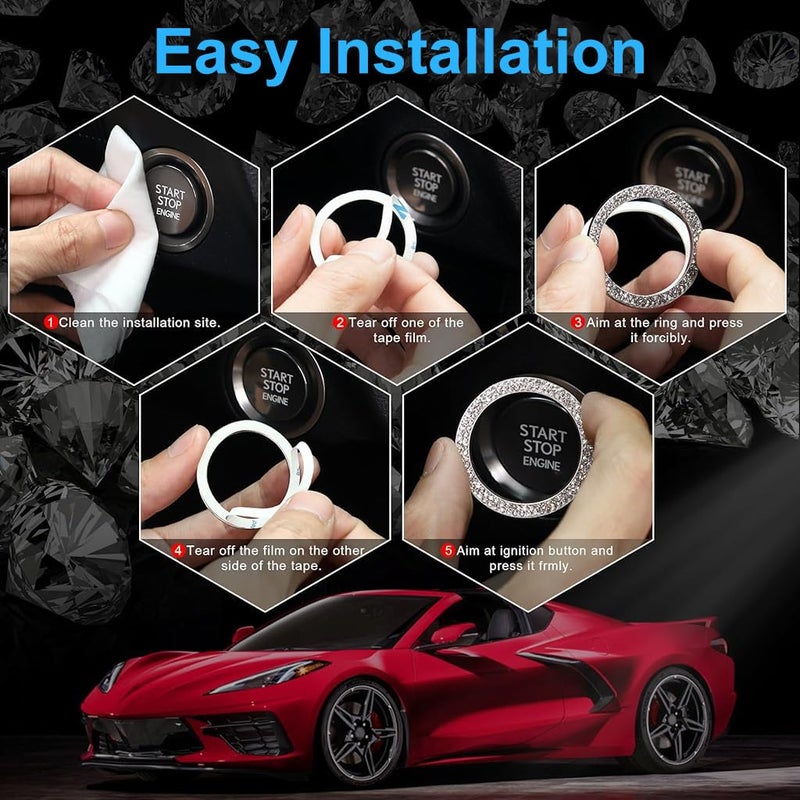 STHIRA® 2 PCS Crystal Double Rhinestone Car Engine Start Stop Decoration Ring, Bling Car Interior Accessories for Women, Push to Start Button Cover/Sticker, Key Ignition & Knob Bling Ring Varied available picks - Image 3