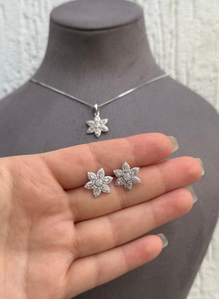 Flower Charm Necklace and Earring Set - Floral Design - Sterling Silver 925 with Zircon Stones Plated Rhodium White Gold 18K