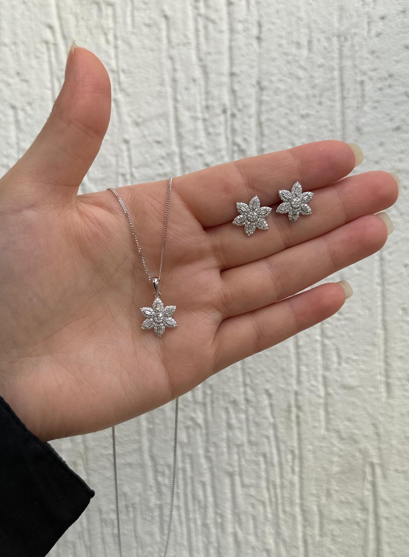 Al Kasr Jewelry Flower Charm Necklace and Earring Set - Floral Design - Sterling Silver 925 with Zircon Stones Plated Rhodium White Gold 18K - Image 2