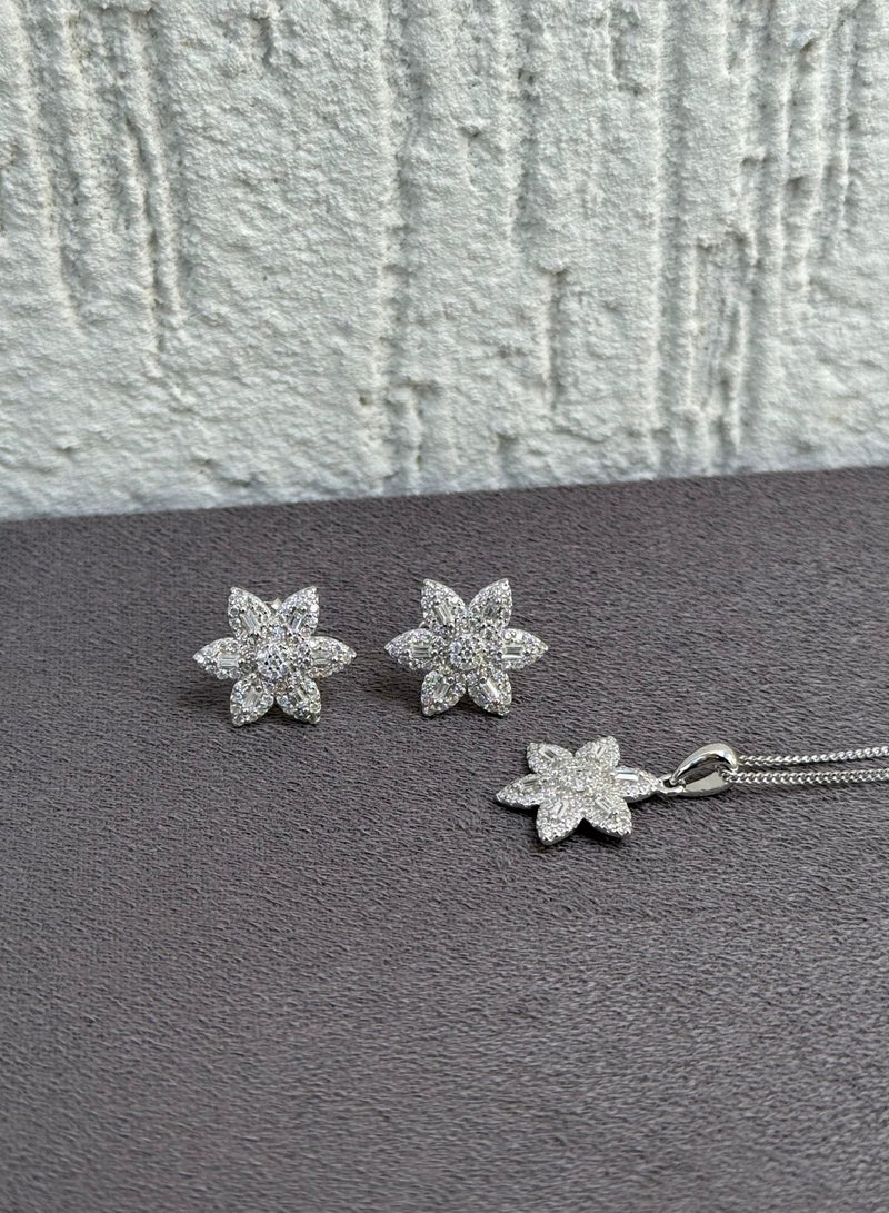 Al Kasr Jewelry Flower Charm Necklace and Earring Set - Floral Design - Sterling Silver 925 with Zircon Stones Plated Rhodium White Gold 18K - Image 3