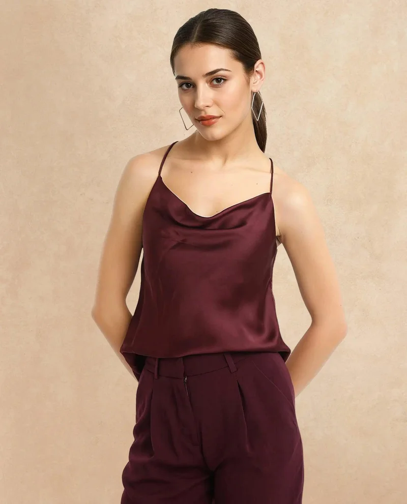Rareism Women's Shoulder Straps Cowl Neck Plain Top