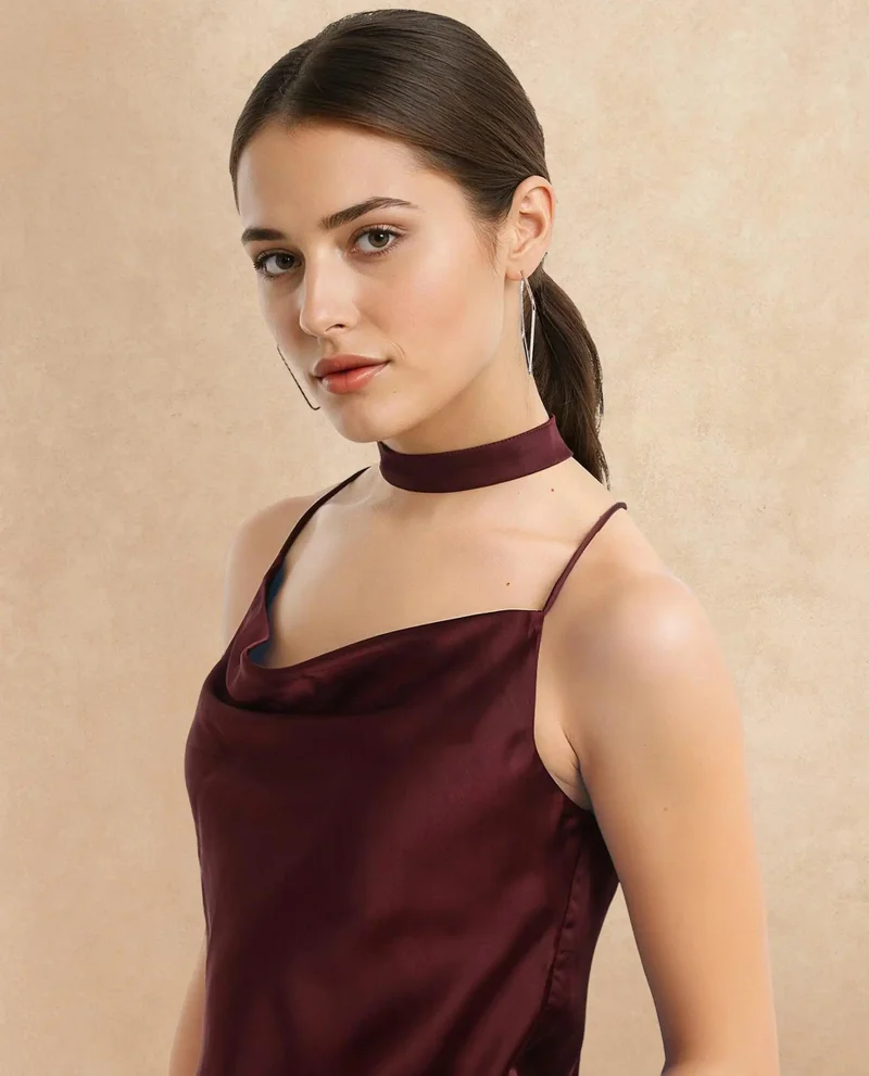 Rareism Women's Shoulder Straps Cowl Neck Plain Top
