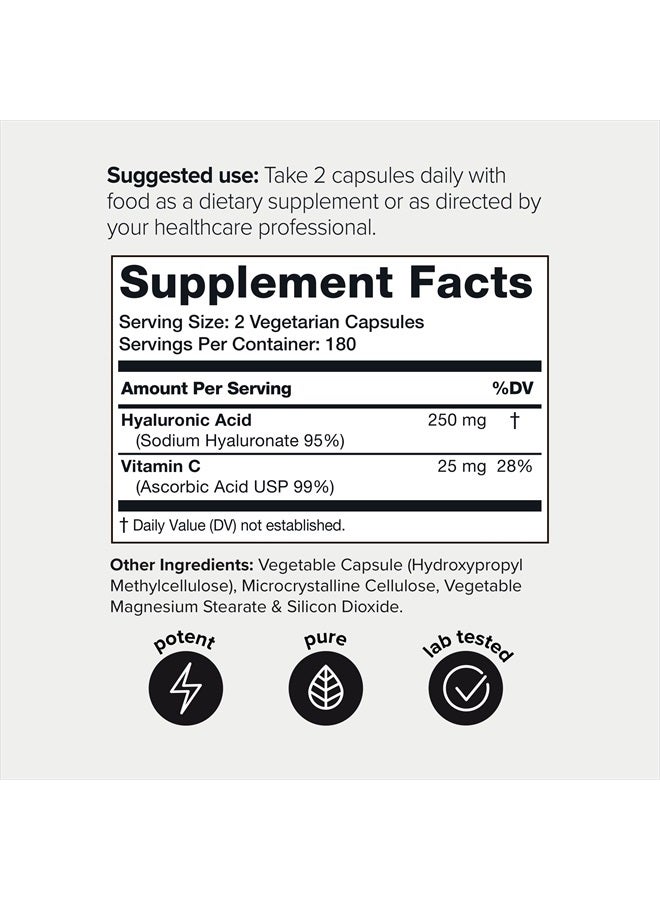 Toniiq Ultra High Purity Hyaluronic Acid Supplements - 95%+ Highly Purified and Bioavailable - 275mg Formula - Non-GMO Fermentation - Hyaluronic Acid with Vitamin C - 360 Veggie Caps  - Image 2