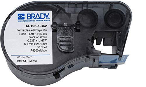 Brady M-125-1-342 Polyolefin B-342 Black on White Label Maker Cartridge, 15/64" Width x 1-1/64" Height, For BMP51/BMP53 Printers - Image 1