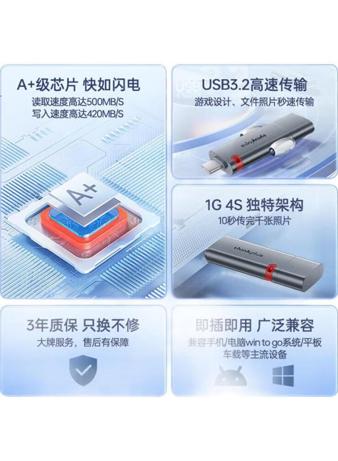 Thinkplus 256Gb Solid State Usb Flash Drive, Read Speed Up To 500Mb/S, Dual Interface Usb3.2 & Type-C, Large Capacity, Compatible With Phones And Computers, Tsu303 Series - Image 3