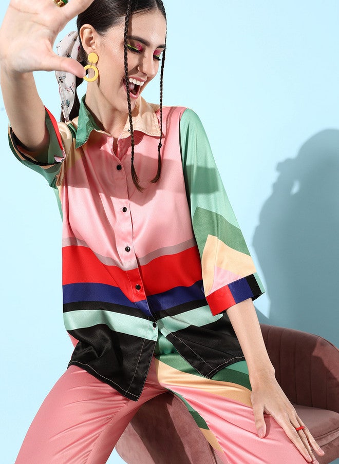 StyleStone قميص بتفاصيل مخططة باللونين الوردي والأزرق للنساء من ستايل ستون مع بنطلون - Image 1