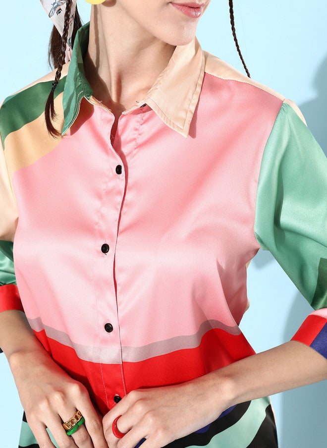 StyleStone قميص بتفاصيل مخططة باللونين الوردي والأزرق للنساء من ستايل ستون مع بنطلون - Image 4