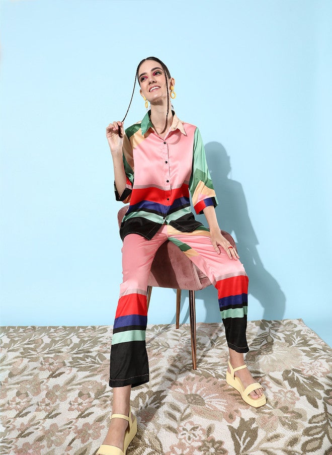 StyleStone قميص بتفاصيل مخططة باللونين الوردي والأزرق للنساء من ستايل ستون مع بنطلون - Image 2