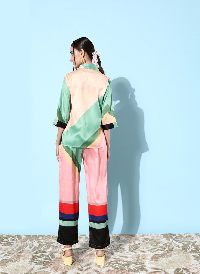 StyleStone قميص بتفاصيل مخططة باللونين الوردي والأزرق للنساء من ستايل ستون مع بنطلون - Image 5