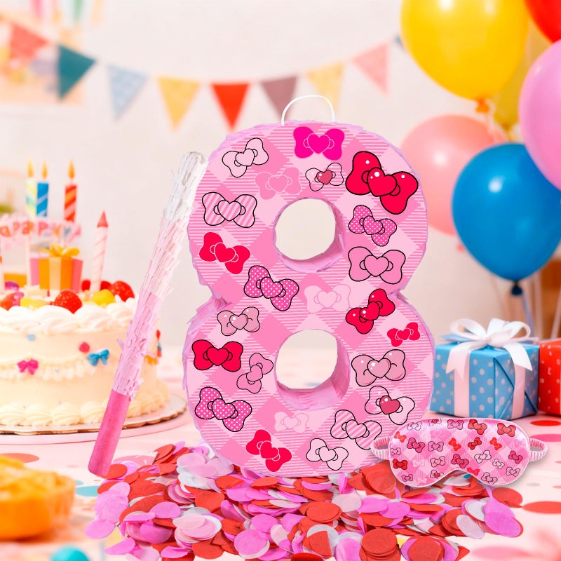 Lcoor Pink Bow 8th Birthday Decorations, 15.75inch Bow Number 8 PiÃ±ata with Blindfold Stick and Confetti for Pink Bow Birthday Party Supplies (8) - Image 5