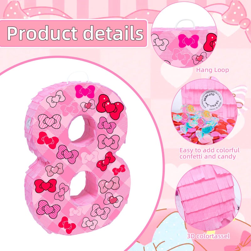 Lcoor Pink Bow 8th Birthday Decorations, 15.75inch Bow Number 8 PiÃ±ata with Blindfold Stick and Confetti for Pink Bow Birthday Party Supplies (8) - Image 3