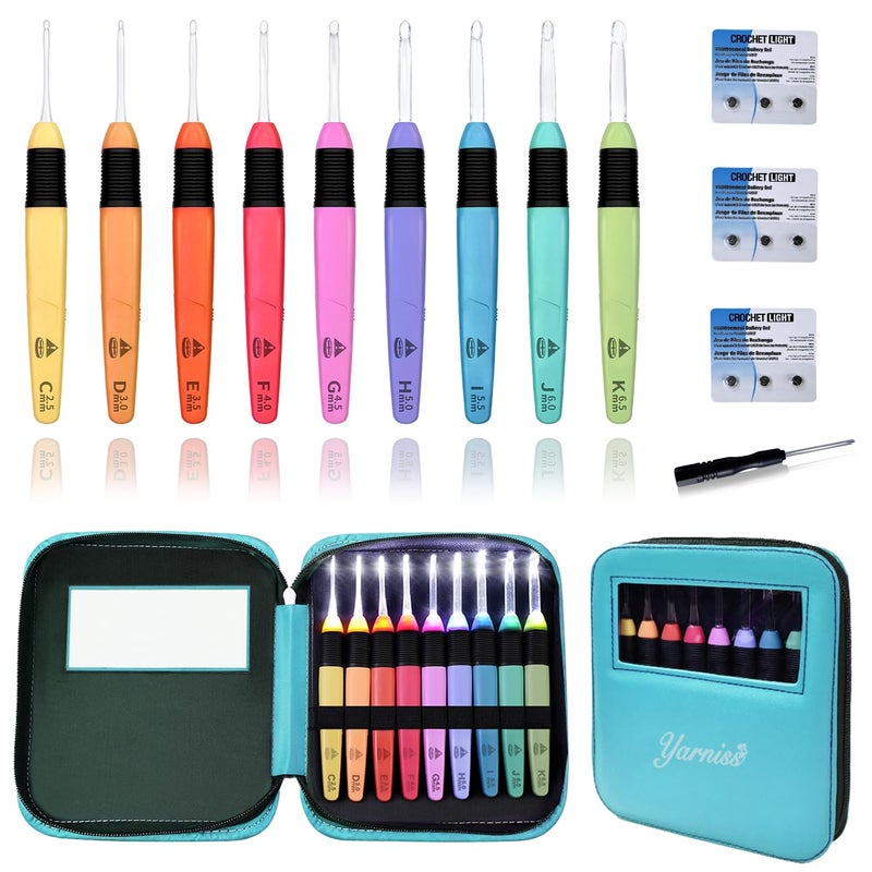 Yarniss 9 Size Light Up Crochet Hook Set 2.5mm-6.5mm, Led Lighted Crochet Hooks for Dark Yarn with 3 Packs Replacement Batteries,Gift for Crocheters - Image 1