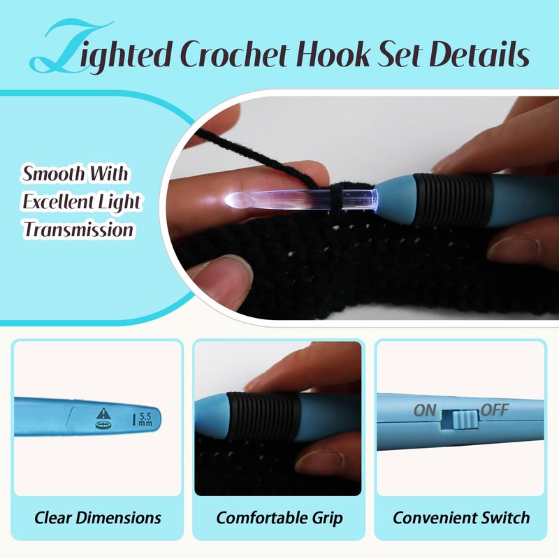 Yarniss 9 Size Light Up Crochet Hook Set 2.5mm-6.5mm, Led Lighted Crochet Hooks for Dark Yarn with 3 Packs Replacement Batteries,Gift for Crocheters - Image 5