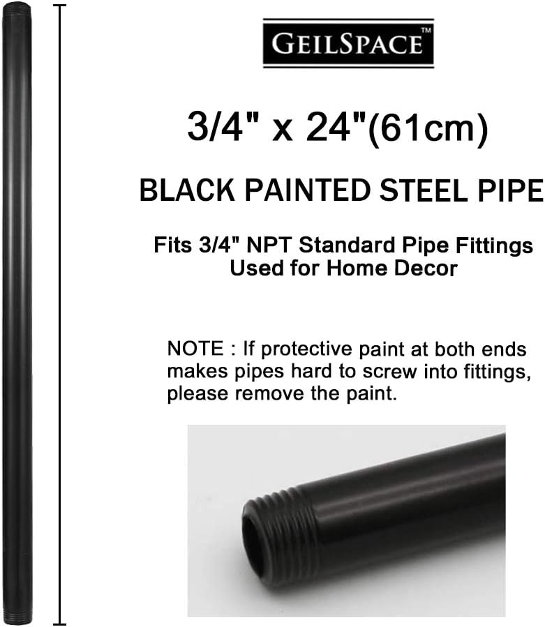 GeilSpace 6 Pack 3/4" × 24" Pre-Cut Black Metal Pipe, Industrial Steel Fits Standard Three Quarters Inch Black Threaded Pipes and Fittings - Vintage DIY Industrial Shelving (3/4" × 24") - Image 2